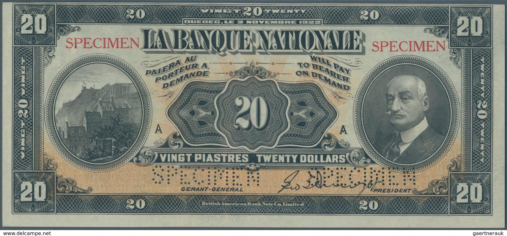 01252 Canada: La Banque Nationale 20 Dollars 1922 SPECIMEN, P.S873s In Very Nice Condition, Just A Bit Dec - Canada