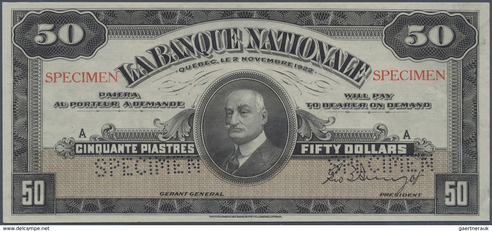 01253 Canada: 50 Dollars / 50 Piastres 1922 Specimen P. S874s Issued By "La Banque Nationale" With Two "Sp - Canada