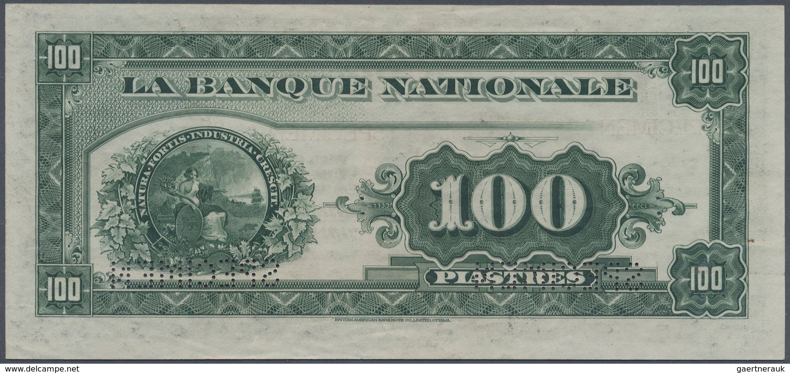 01254 Canada: 100 Dollars / 100 Piastres 1922 Specimen P. S875s Issued By "La Banque Nationale" With Two " - Canada