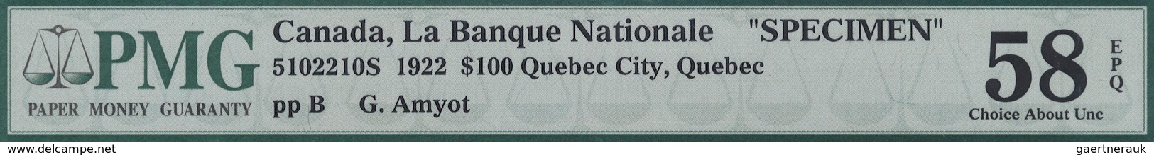 01254 Canada: 100 Dollars / 100 Piastres 1922 Specimen P. S875s Issued By "La Banque Nationale" With Two " - Canada