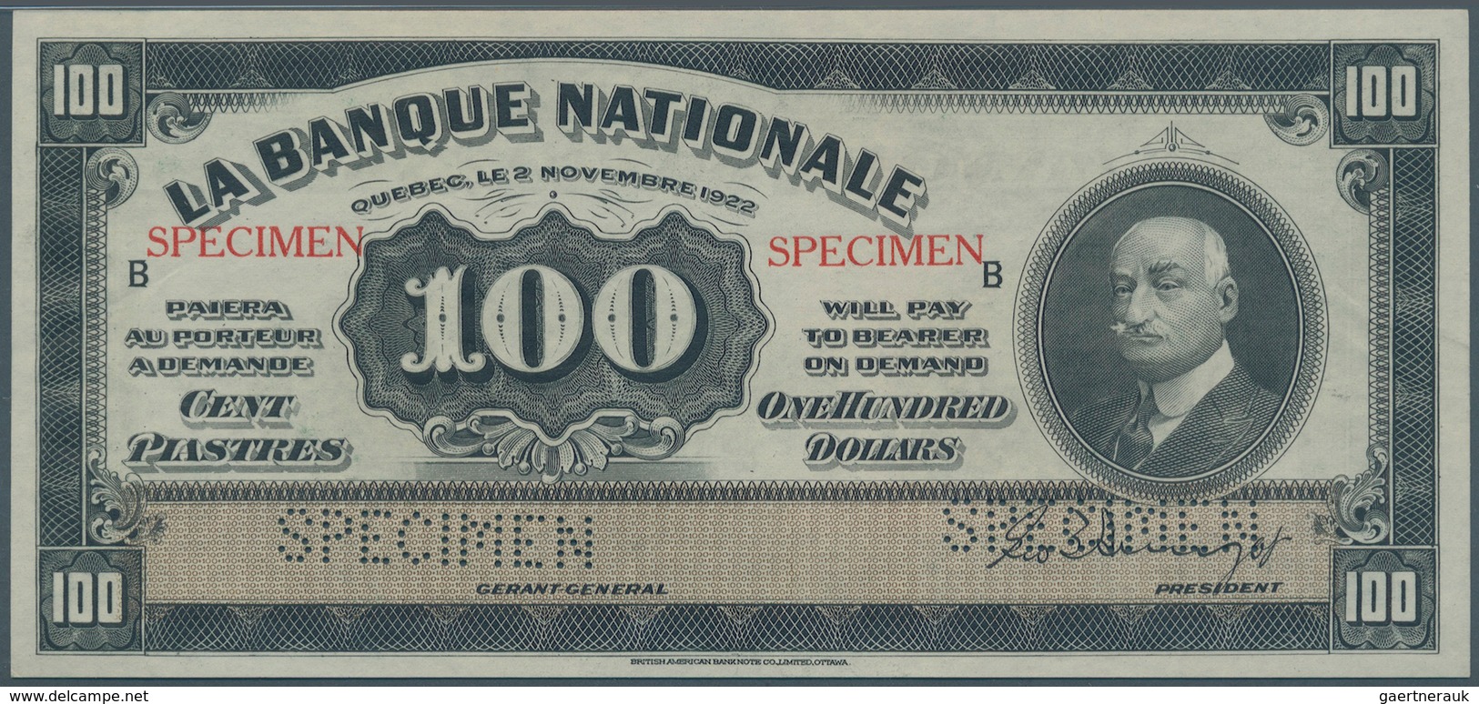 01255 Canada: La Banque Nationale 100 Dollars 1922 SPECIMEN, P.S875s In Perfect Condition, Slightly Wavy P - Canada