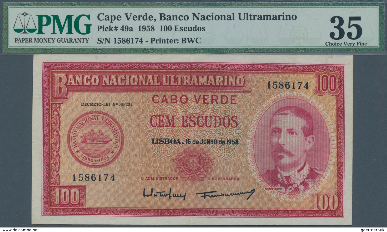 01259 Cape Verde / Kap Verde: 100 Escudos 1958 P. 49a, Condition: PMG Graded 35 Choice VF. - Cape Verde