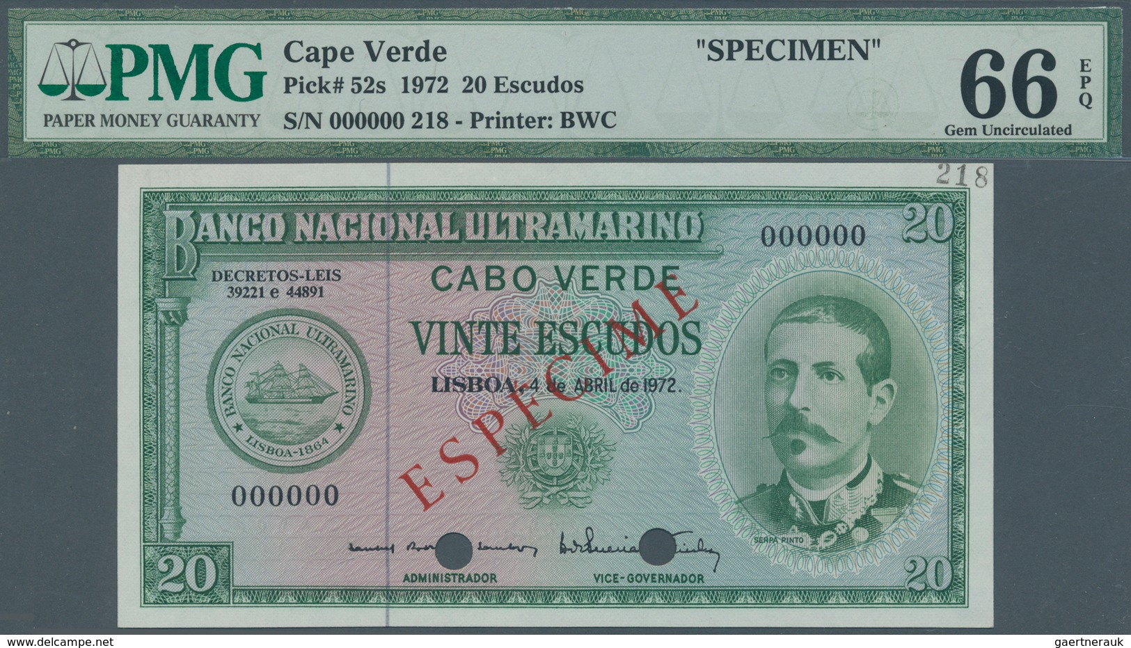 01260 Cape Verde / Kap Verde: 20 Escudos 1972 Specimen P. 52s, Condition: PMG Graded 66 Gem UNC EPQ. - Cabo Verde