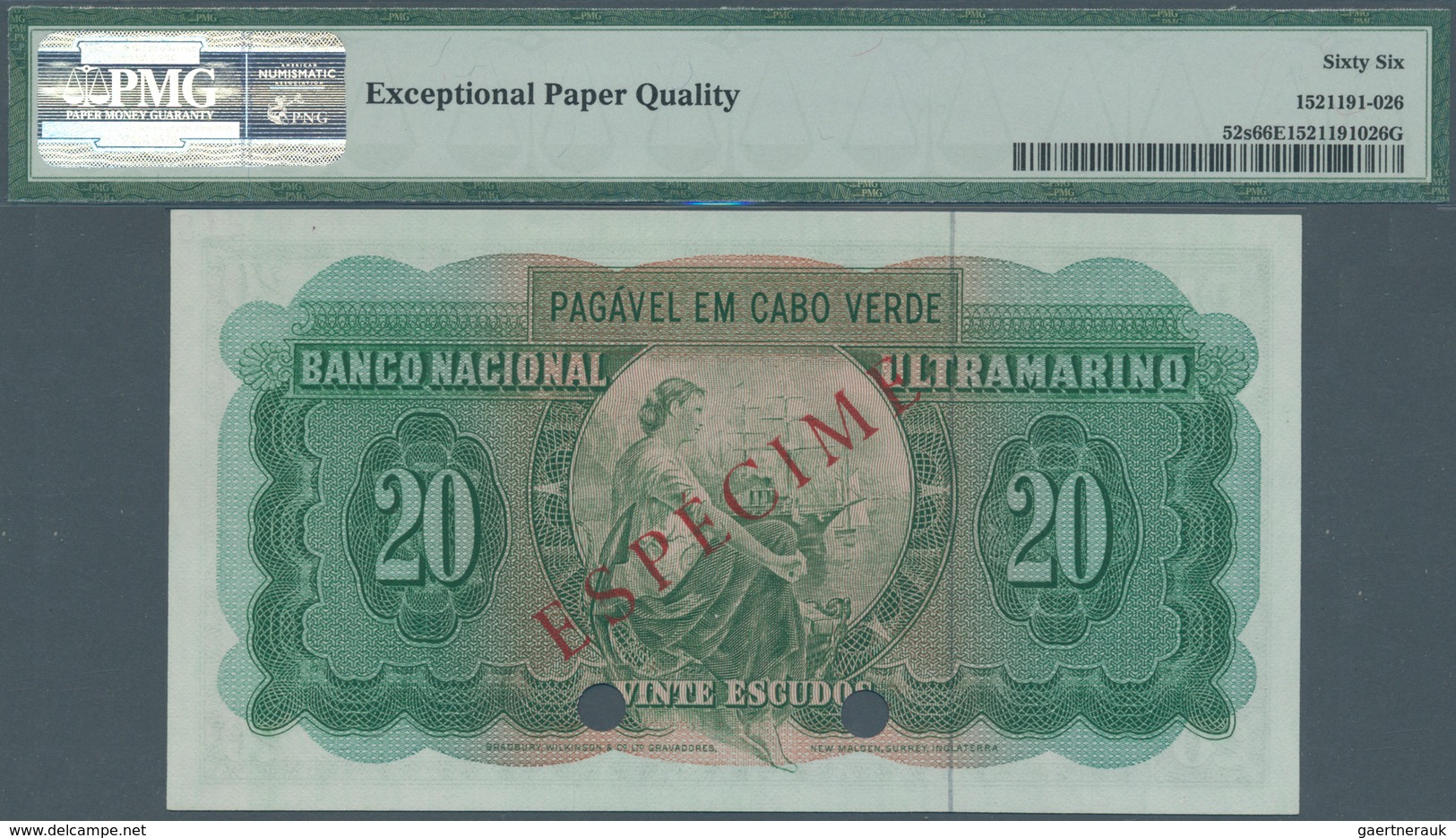 01260 Cape Verde / Kap Verde: 20 Escudos 1972 Specimen P. 52s, Condition: PMG Graded 66 Gem UNC EPQ. - Cap Vert