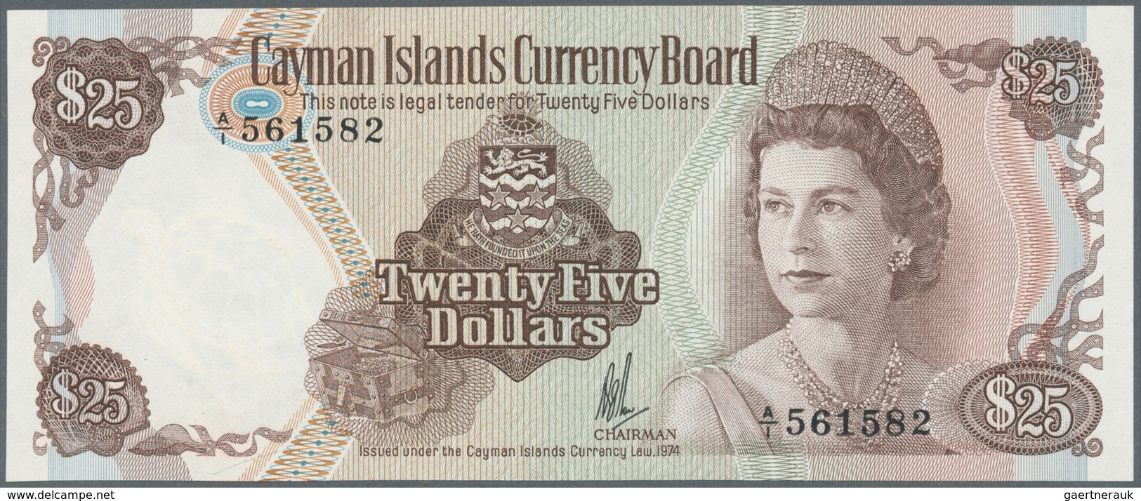 01263 Cayman Islands: 25 Dollars L.1974 P. 8a With Only A Light Dint At Lower Left, Condition: AUNC. - Kaaimaneilanden