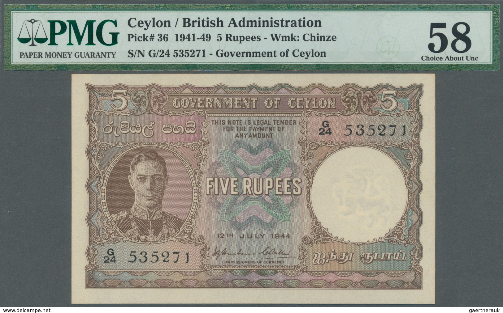 01273 Ceylon: 5 Rupees 1944 P. 36, Condition: PMG Graded 58 Choice AUNC. - Sri Lanka