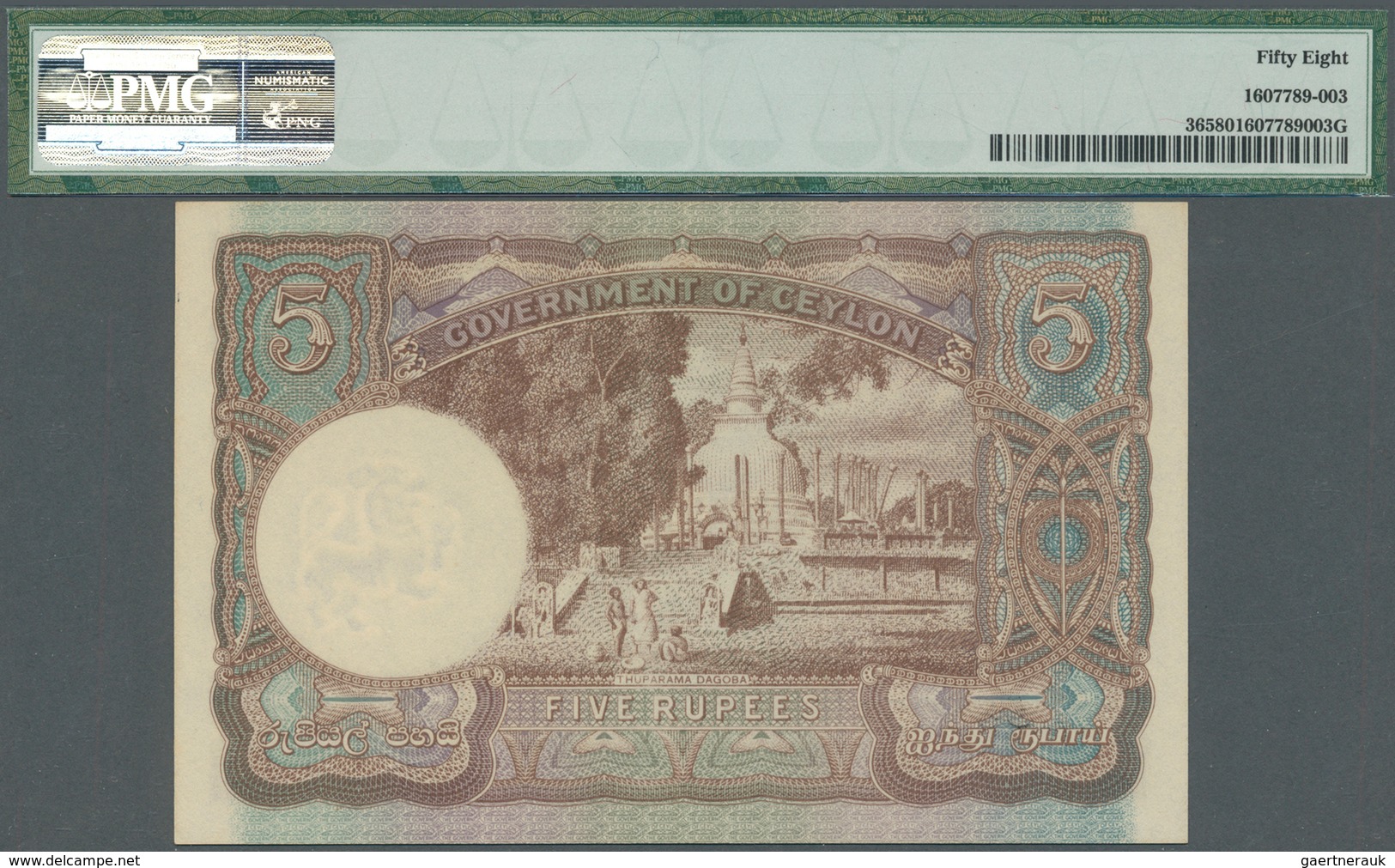 01273 Ceylon: 5 Rupees 1944 P. 36, Condition: PMG Graded 58 Choice AUNC. - Sri Lanka