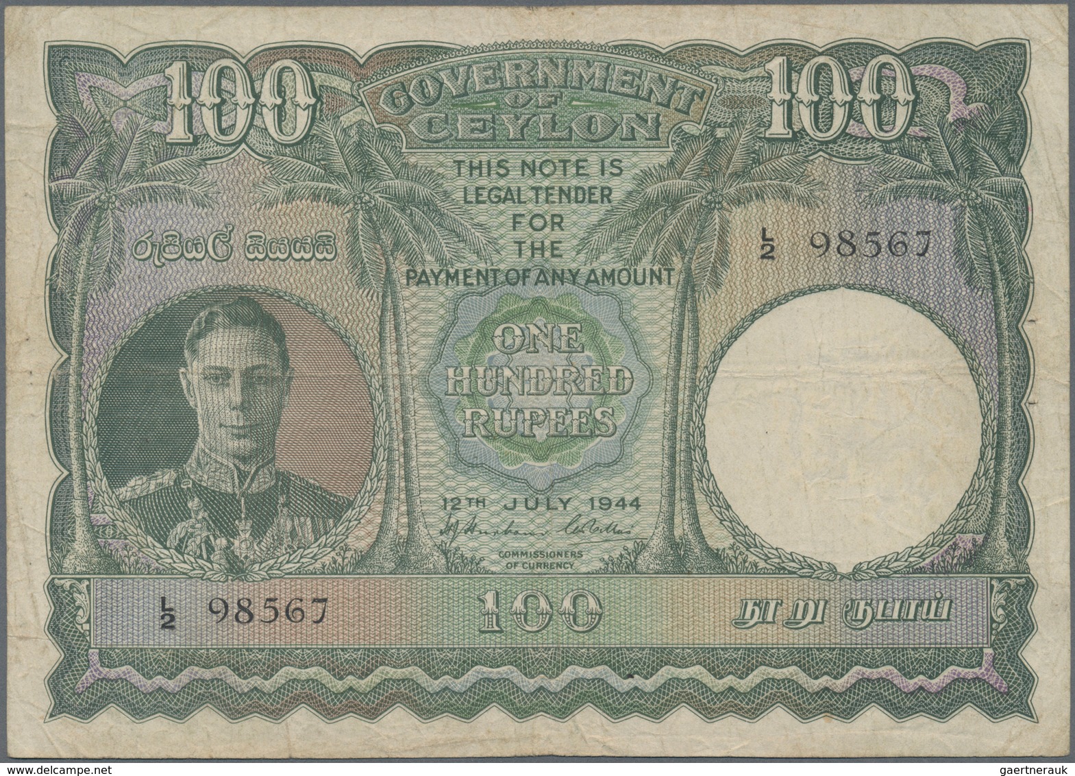 01274 Ceylon: 100 Rupees 1944 P. 38, Used With Folds And Light Creases In Paper, Lightly Stained Paper, Ve - Sri Lanka