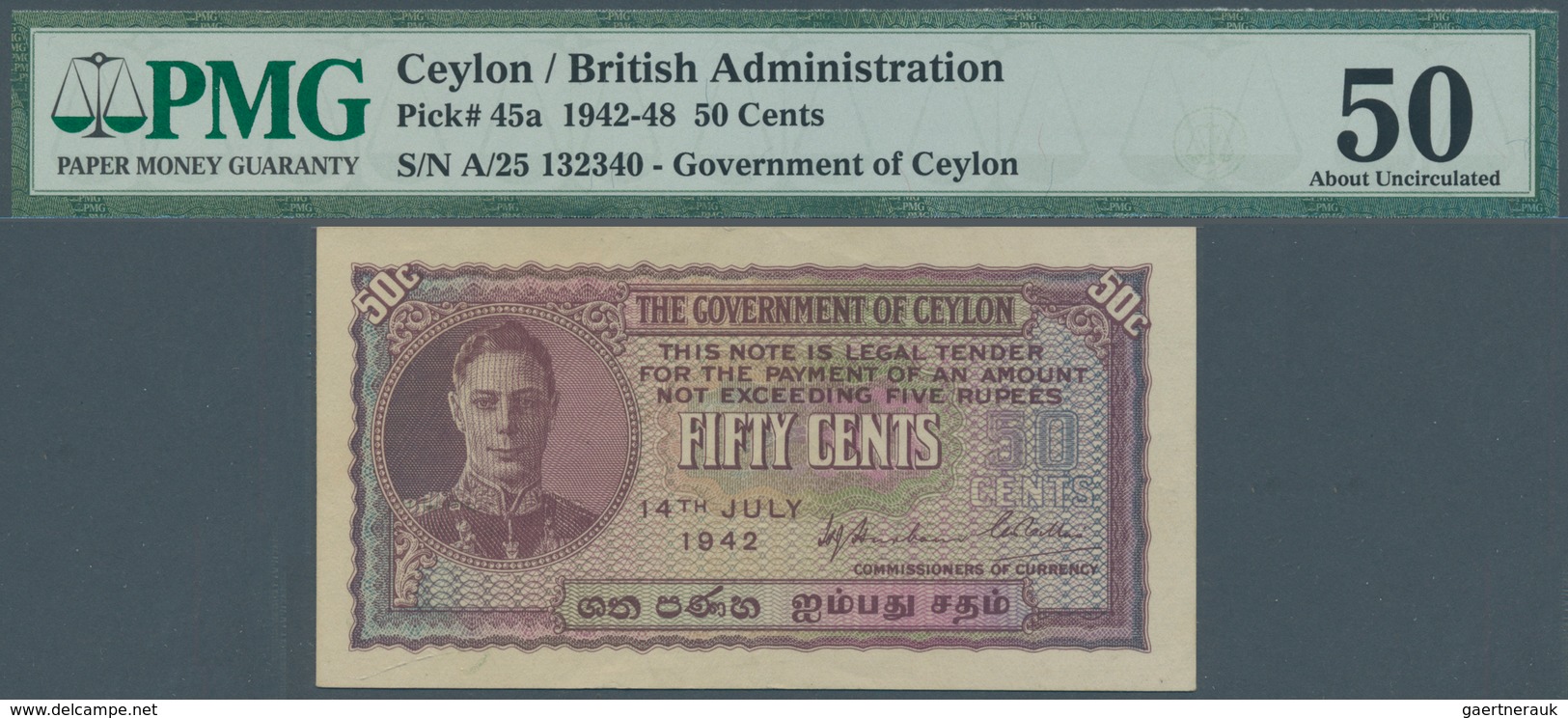 01276 Ceylon: 50 Cents 1942 P. 45a, Condition: PMG Graded 50 AUNC. - Sri Lanka