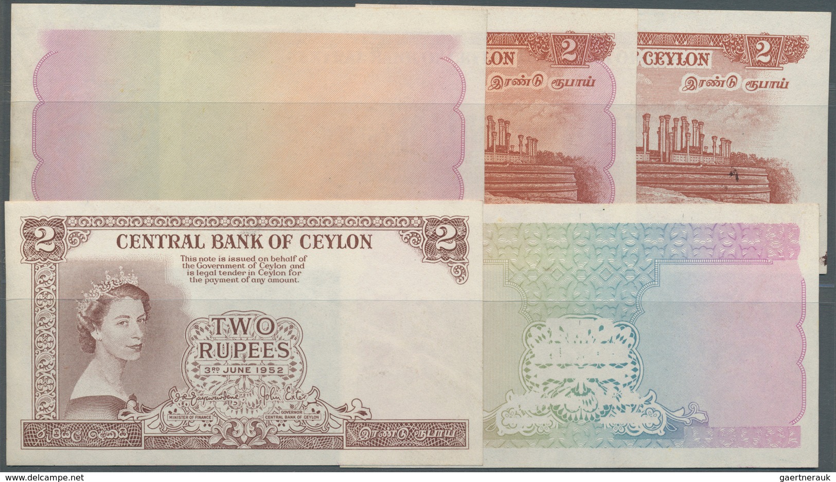 01277 Ceylon: Rare Set Of 5 Progressive Proof Prints For 2 Rupees 1952 QEII P. 50p, Watermarked, With Moun - Sri Lanka