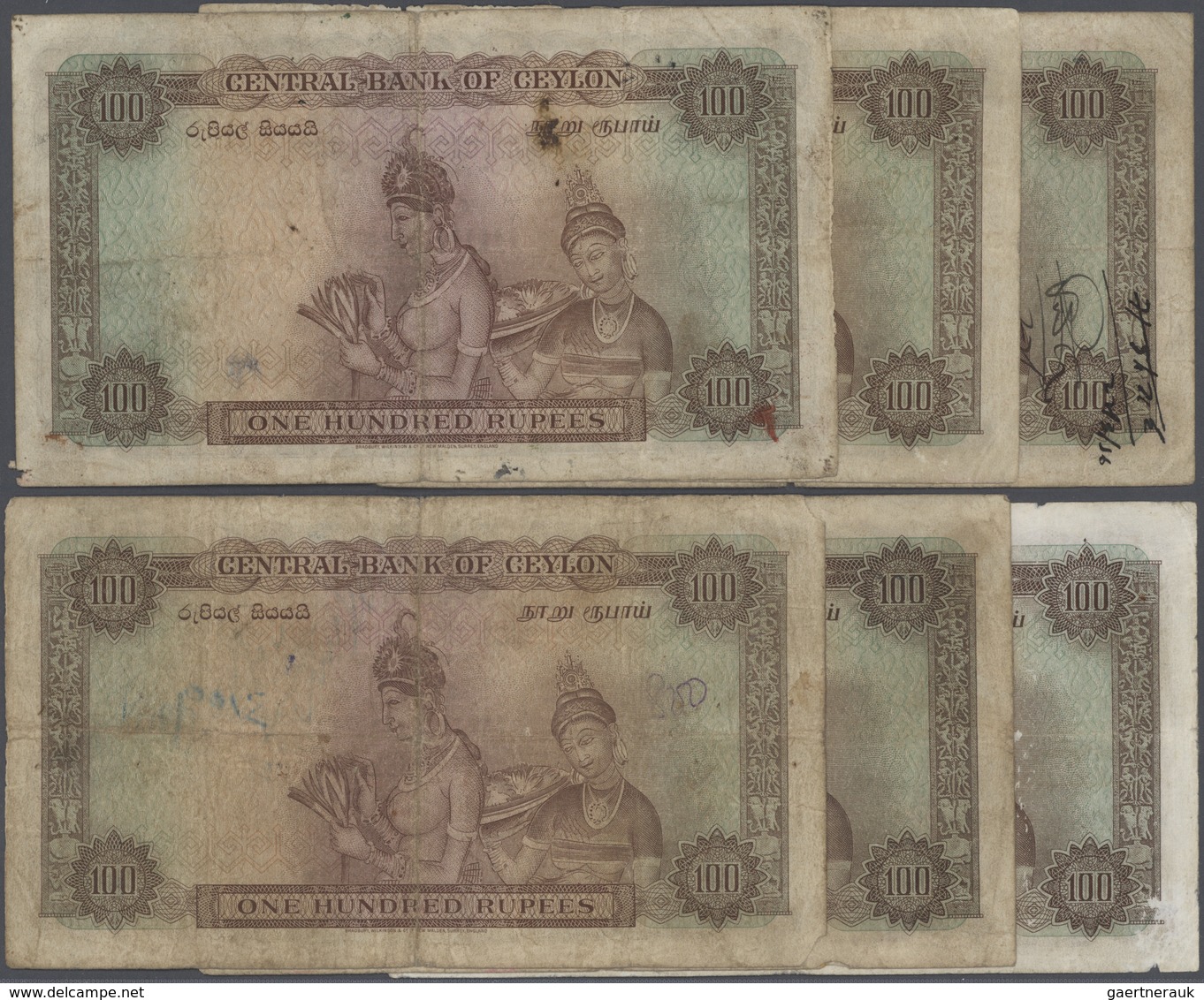 01278 Ceylon: Lot Of 6 Pcs 100 Rupees 1952 P. 53, Rare Date And A More And More Rarely Seen Note On The Ma - Sri Lanka