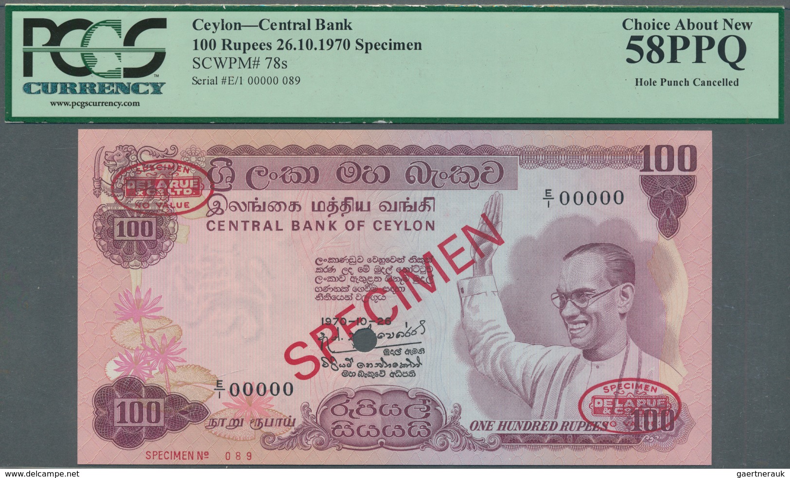 01279 Ceylon: 100 Rupees 1970 Specimen P. 78s In Condition: PCGS 58PPQ Choice About New. - Sri Lanka