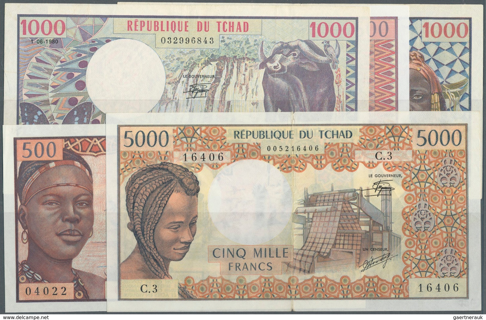 01284 Chad / Tschad: Republique Du Tchad, Set With 5 Banknotes Comprising 500 Francs 1970's P.2a In UNC, 1 - Tsjaad