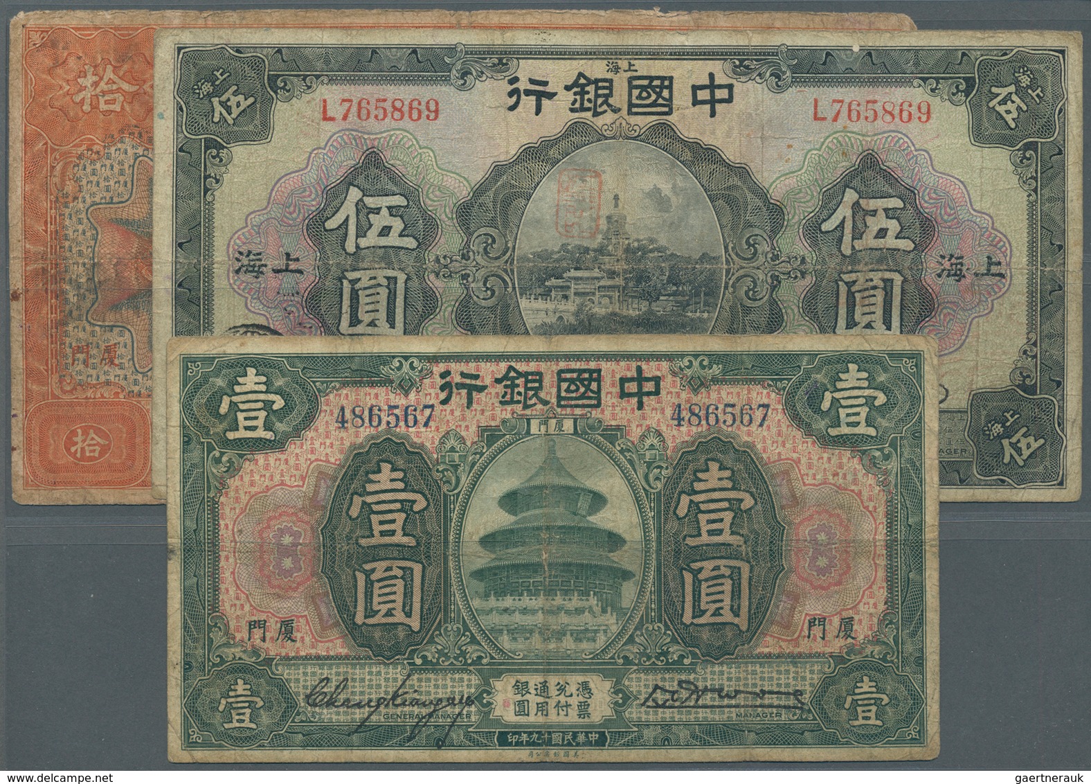 01289 China: Set Of 6 Banknotes Containing 1 Dollar Amoy 1930 P. 67 (F), 2x 5 Yuan 1926 Shanghai P. 66a,b - Cina