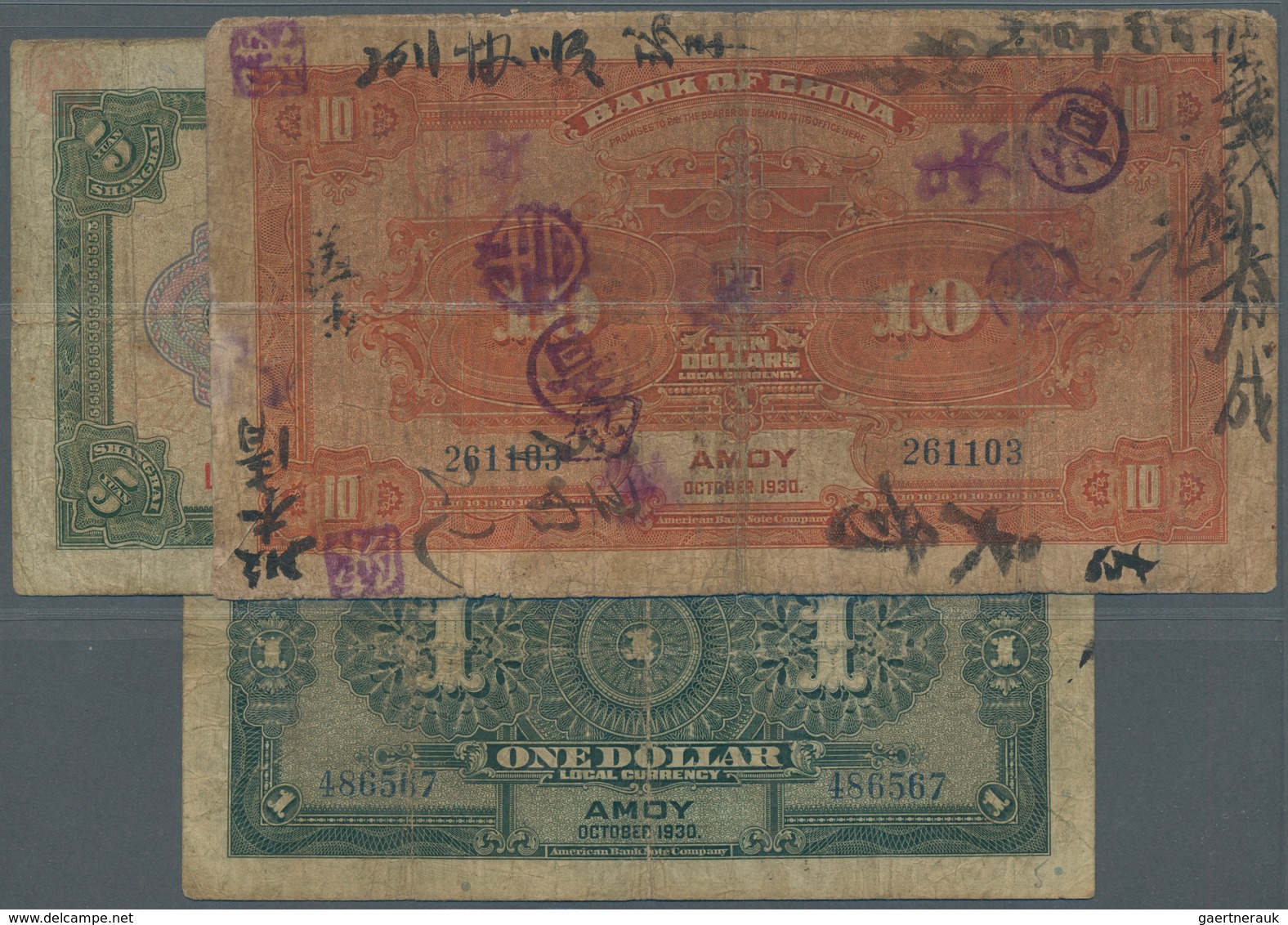 01289 China: Set Of 6 Banknotes Containing 1 Dollar Amoy 1930 P. 67 (F), 2x 5 Yuan 1926 Shanghai P. 66a,b - Chine