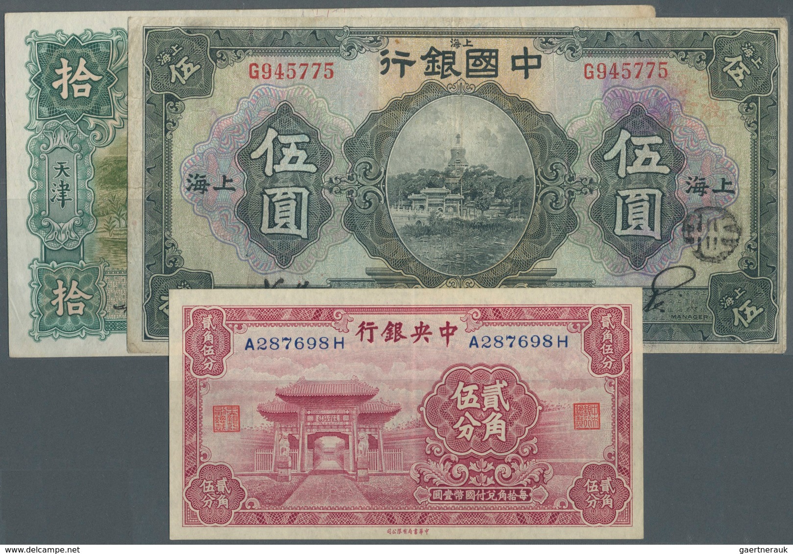 01289 China: Set Of 6 Banknotes Containing 1 Dollar Amoy 1930 P. 67 (F), 2x 5 Yuan 1926 Shanghai P. 66a,b - Cina