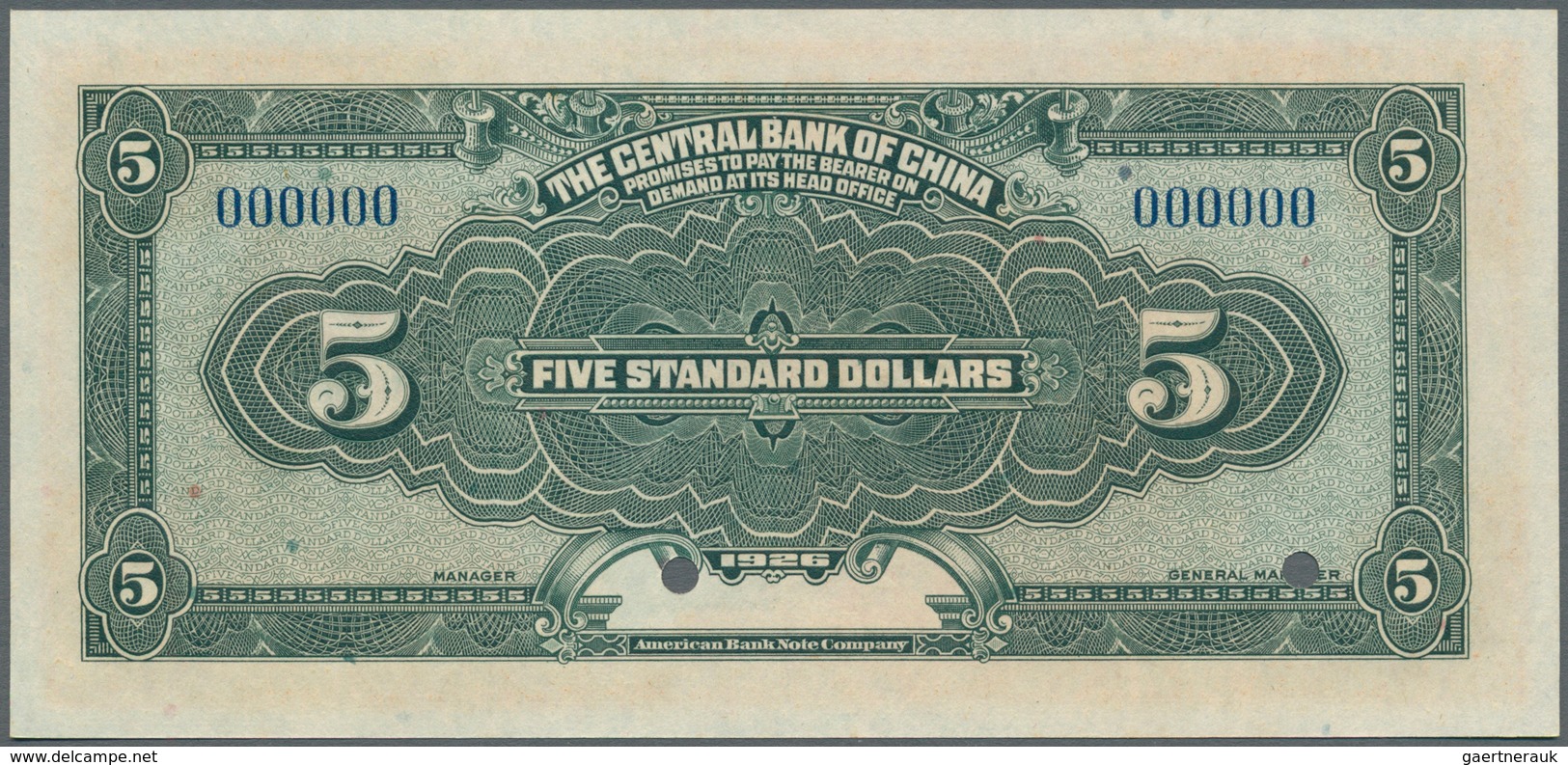 01291 China: The Central Bank Of China 5 Dollars 1926 Specimen P. 183s In Condition: UNC. - Cina
