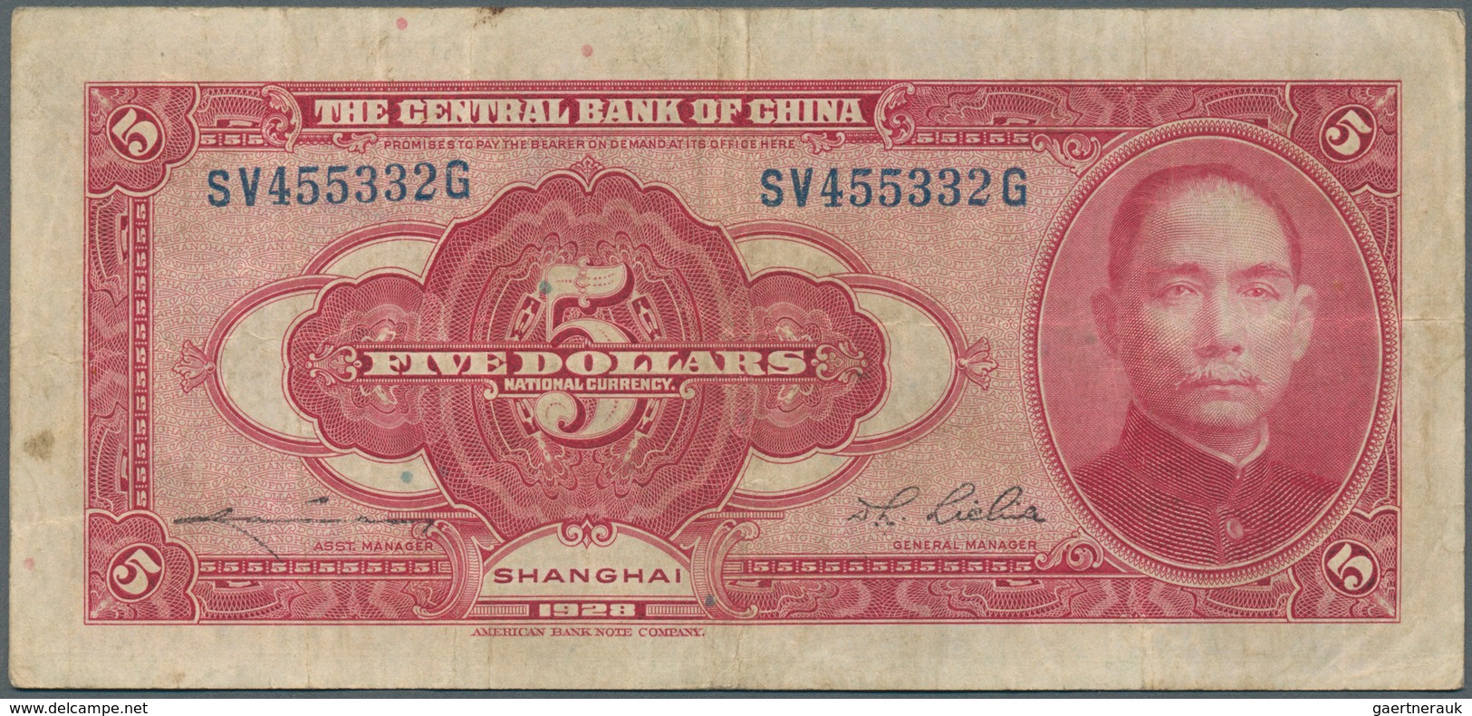 01292 China: 5 Dollars 1928 The Central Bank Of China P. 196d, Used With Several Folds But Still Strong Pa - Cina