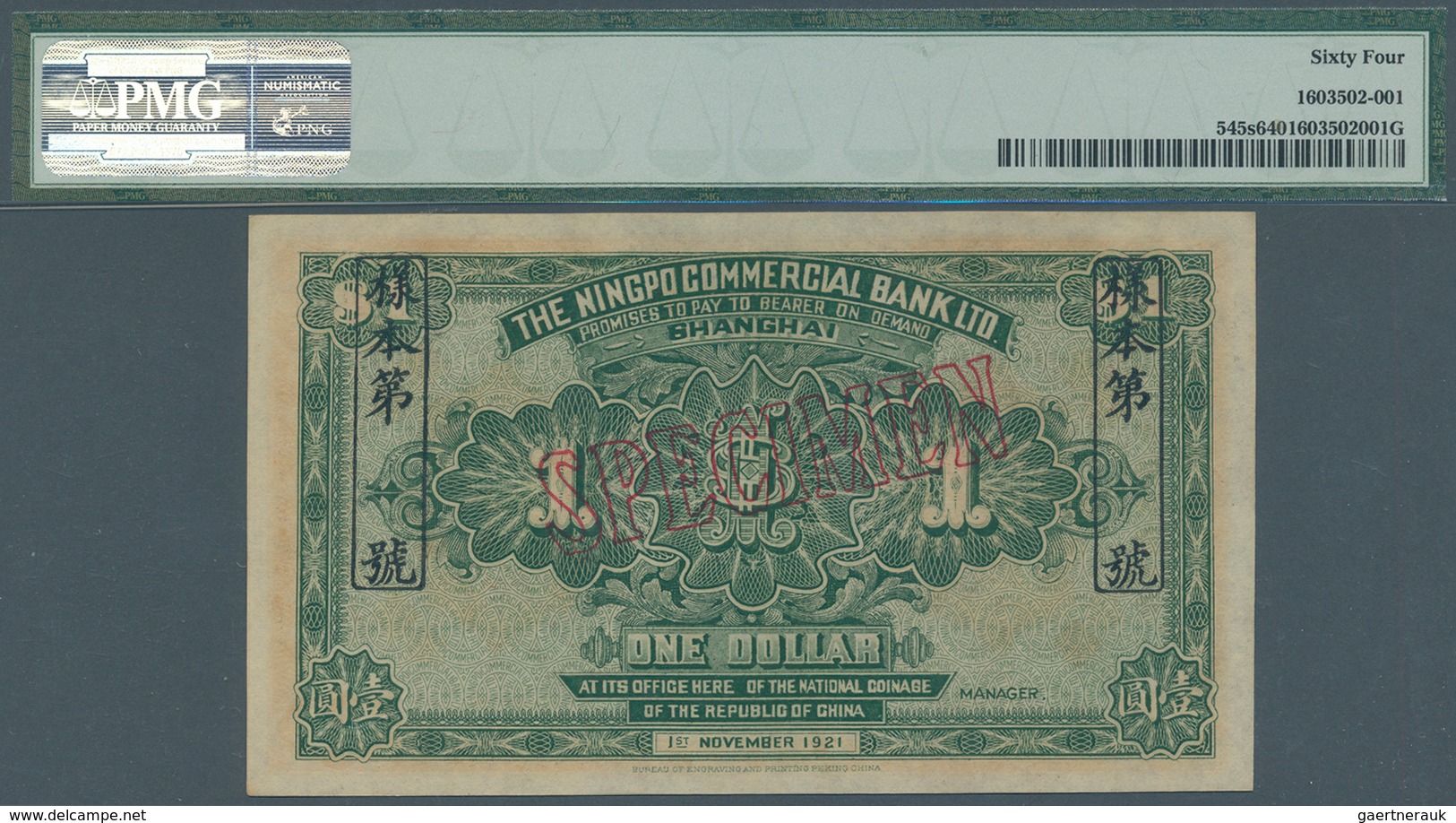 01295 China: 1 Dollar 1921 Ningpo Commercial Bank Ltd. Shanghai SPECIMEN P. 545s, Condition: PMG Graded 64 - Chine