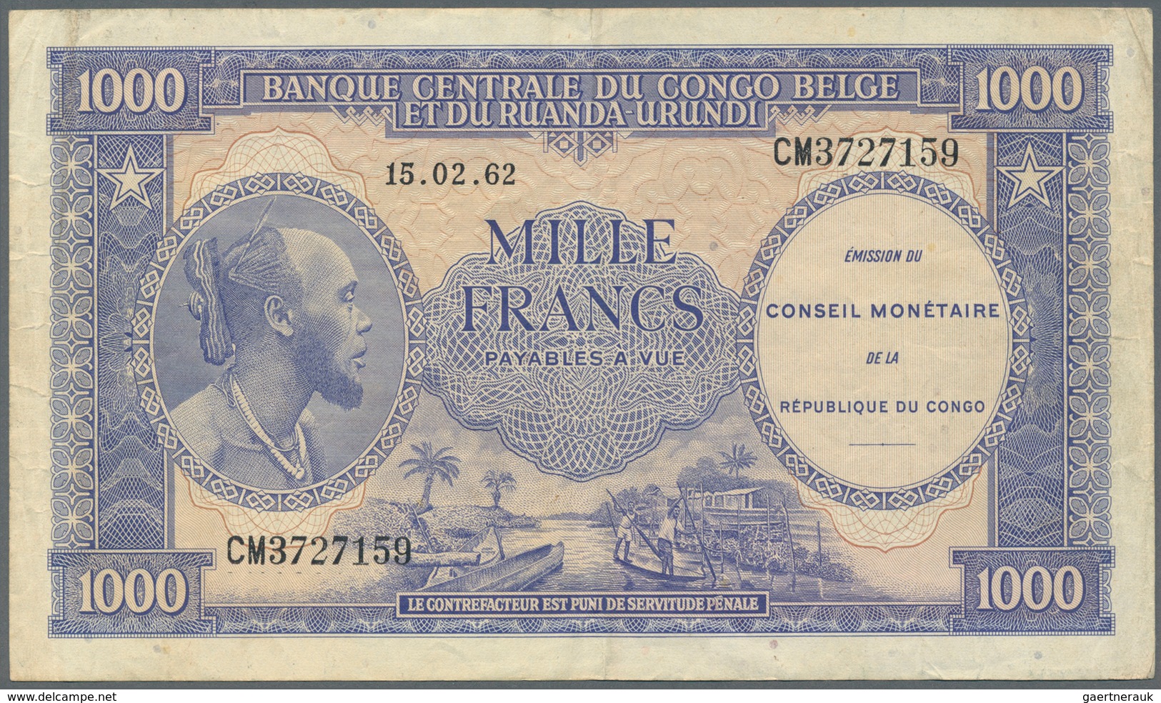 01317 Congo / Kongo: 1000 Francs 1962 P. 2, Used With Folds And Creases, No Holes Or Tears, Still Crispnes - Unclassified