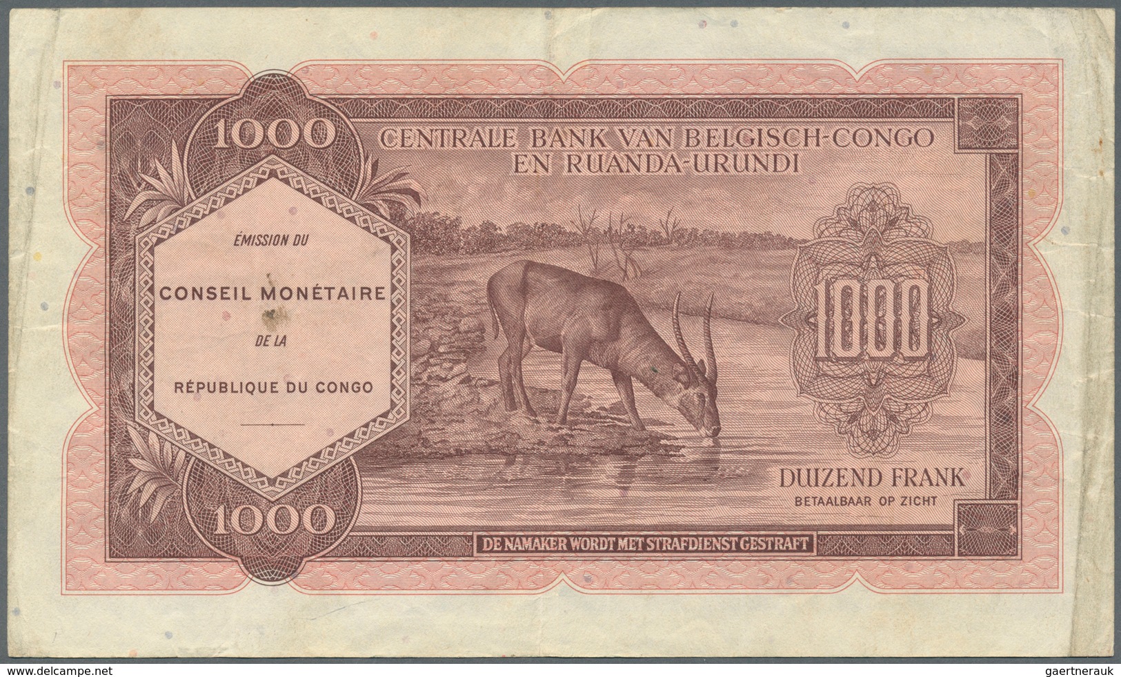 01317 Congo / Kongo: 1000 Francs 1962 P. 2, Used With Folds And Creases, No Holes Or Tears, Still Crispnes - Unclassified