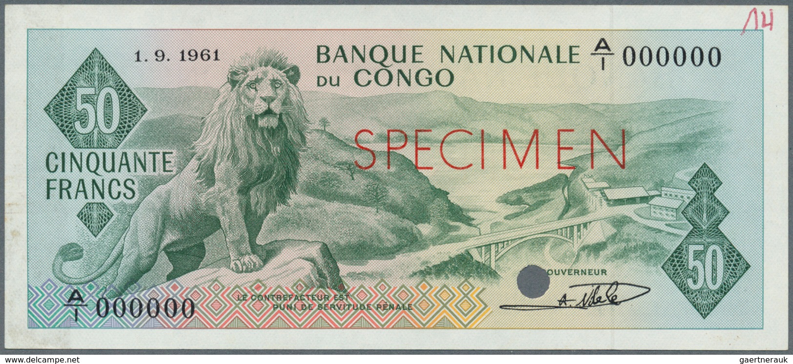 01320 Congo / Kongo: 50 Francs 1961 SPECIMEN, P.5as In Excellent Condition, Traces Of Glue At Right Border - Sin Clasificación