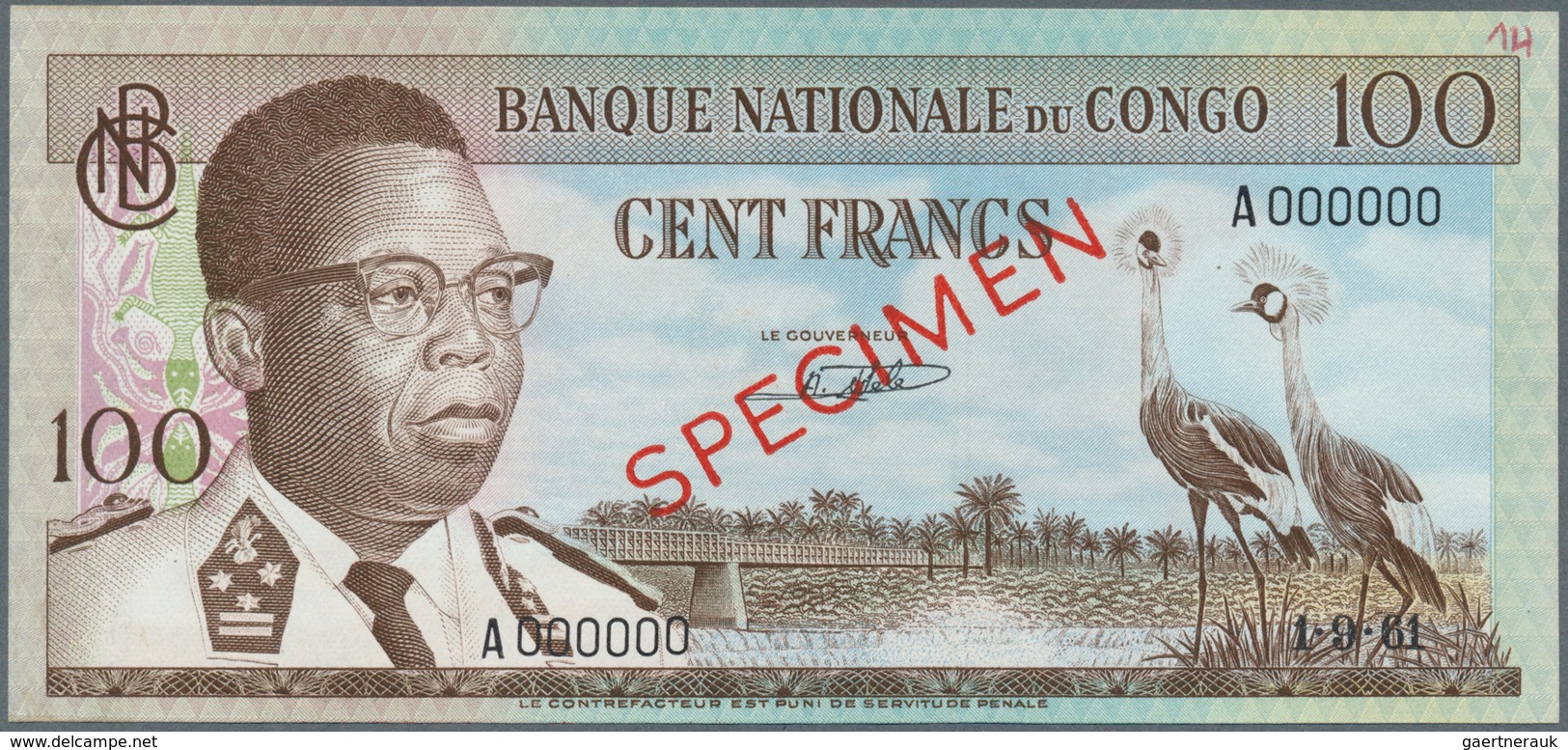 01321 Congo / Kongo: 100 Francs 1961 SPECIMEN, P.6as In Excellent Condition, Traces Of Glue At Right Borde - Non Classés