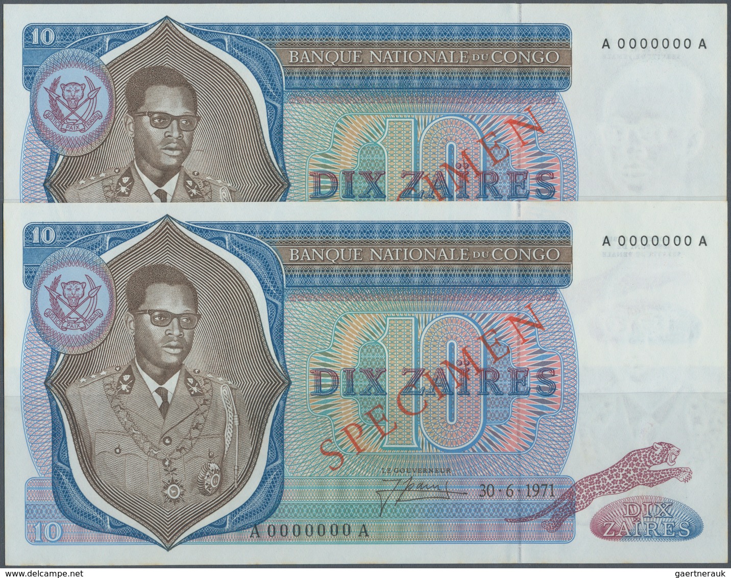 01323 Congo / Kongo: Set Of 2 Pcs 10 Zaires 1971 Specimen P. 15s In Crisp Condition: UNC. (2 Pcs) - Zonder Classificatie