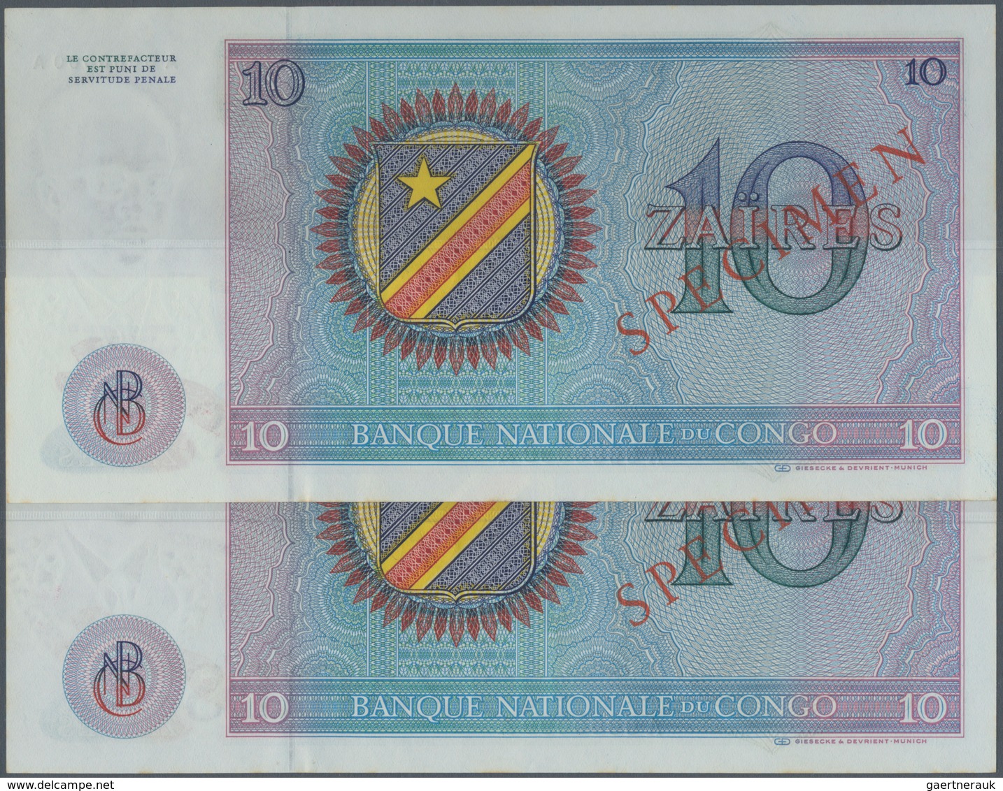 01323 Congo / Kongo: Set Of 2 Pcs 10 Zaires 1971 Specimen P. 15s In Crisp Condition: UNC. (2 Pcs) - Non Classificati