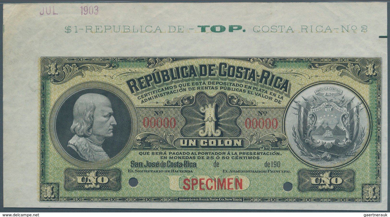 01324 Costa Rica: 1 Colon ND(1905-06) SPECIMEN, P.142s With Hand Stamped Date July 1903 At Upper Part Of T - Costa Rica