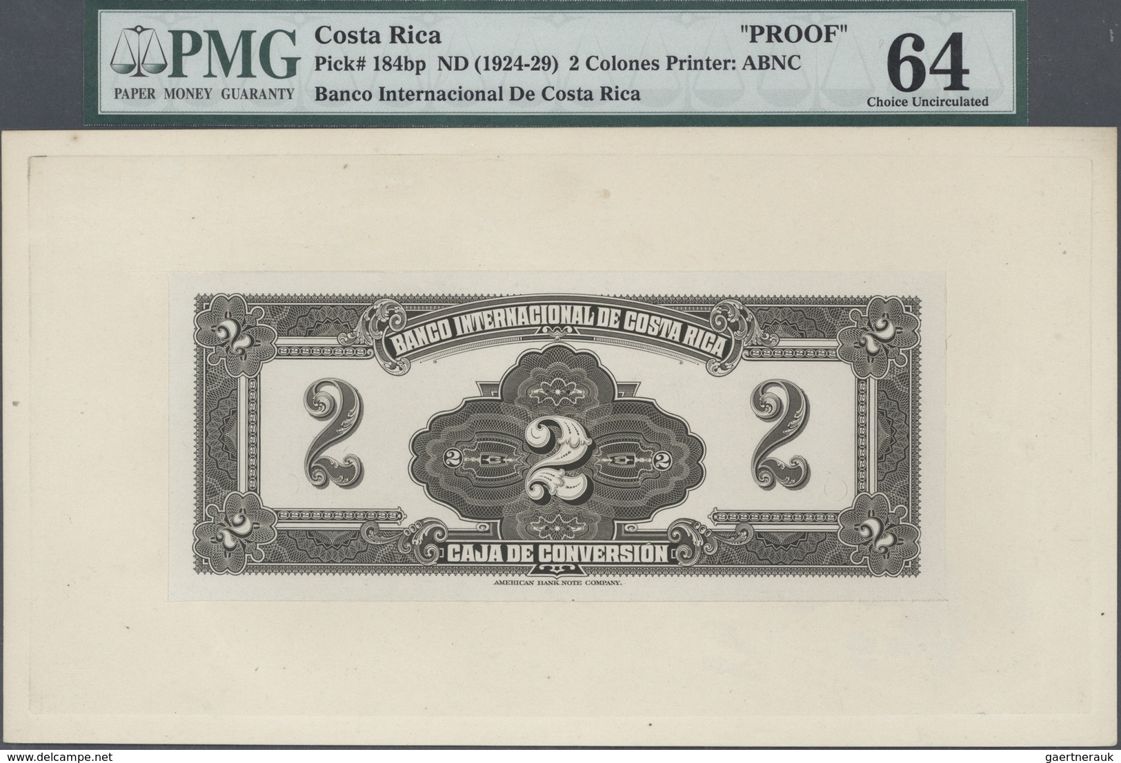 01325 Costa Rica: Banco Internacional De Costa Rica 2 Colones ND(1924-29), Proof Of Front And Back On Card - Costa Rica