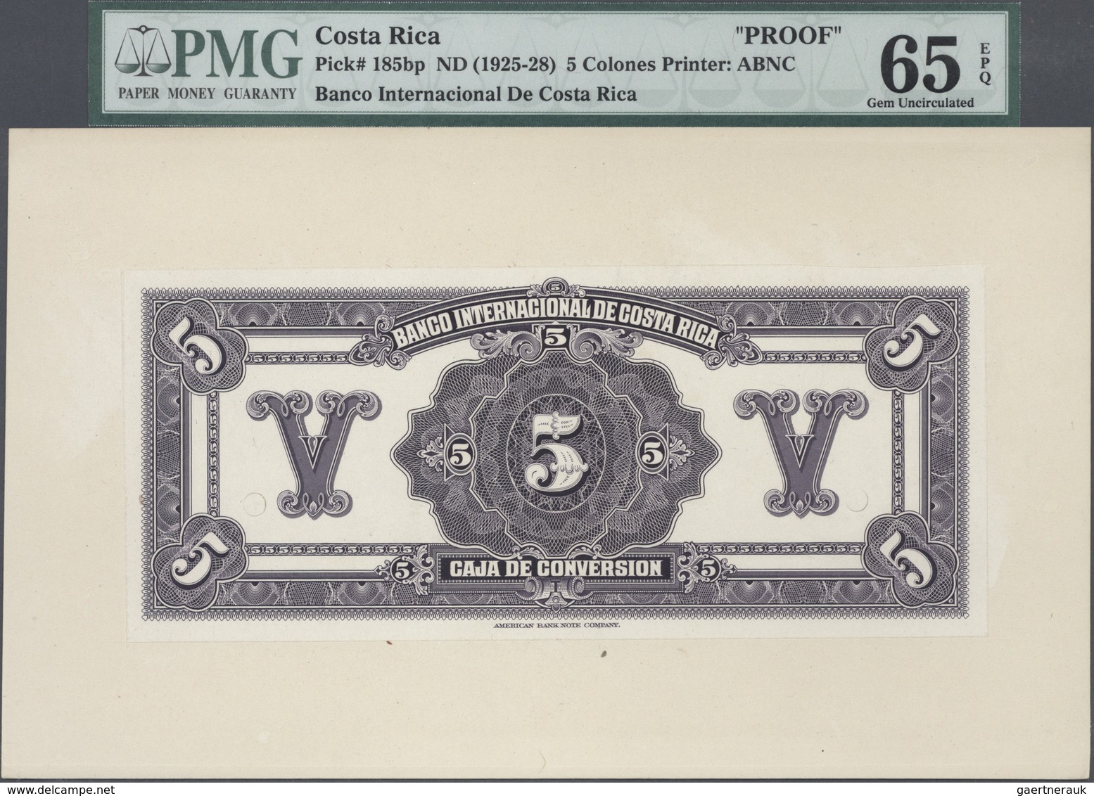 01326 Costa Rica: Banco Internacional De Costa Rica 5 Colones ND(1925-28), Proof Of Front And Back On Card - Costa Rica