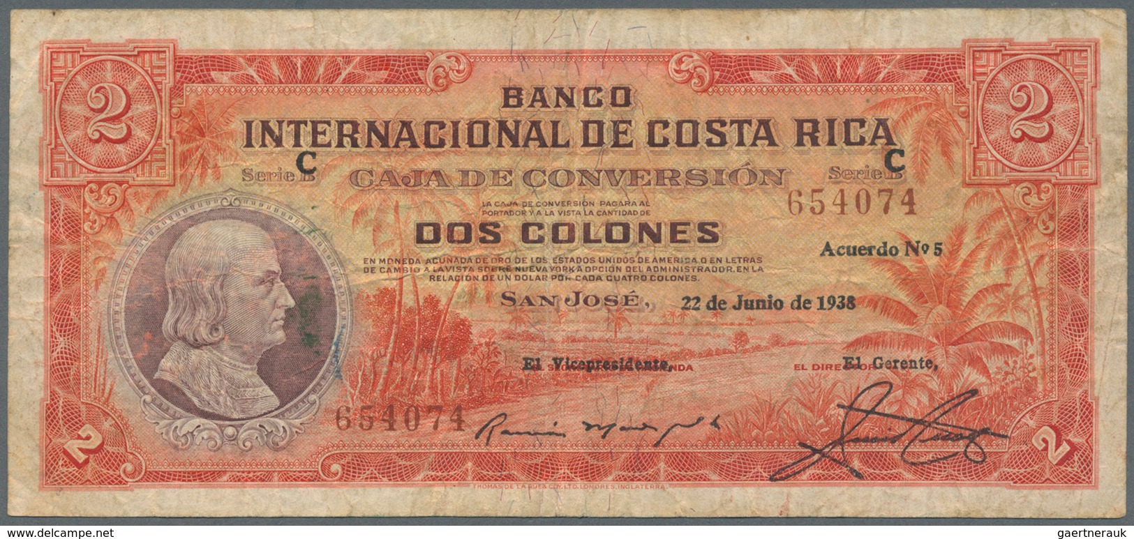 01327 Costa Rica: 2 Colones 1938 P. 195 Used With Several Folds And Creases, No Holes Or Tears, Still Stro - Costa Rica