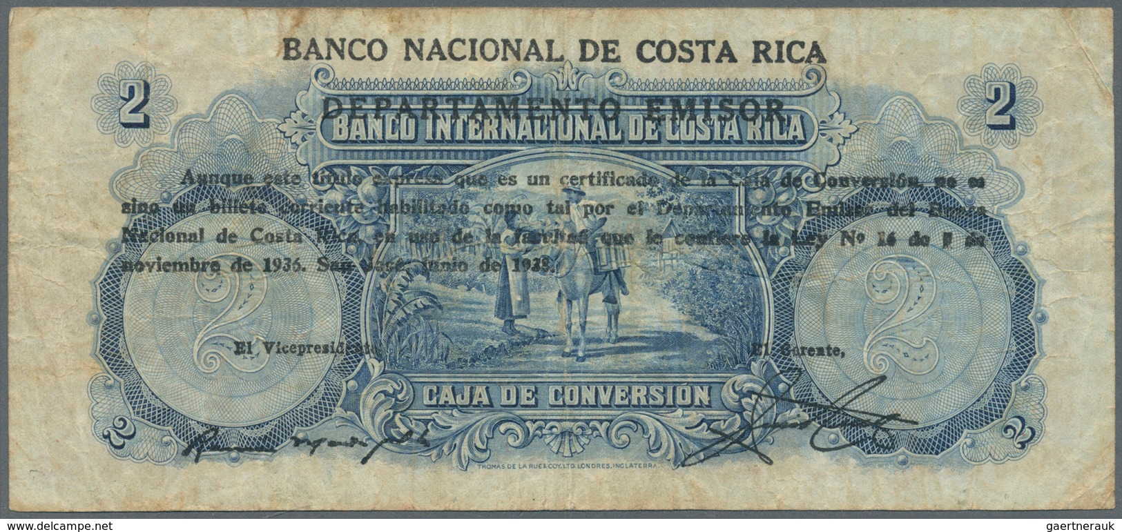 01327 Costa Rica: 2 Colones 1938 P. 195 Used With Several Folds And Creases, No Holes Or Tears, Still Stro - Costa Rica