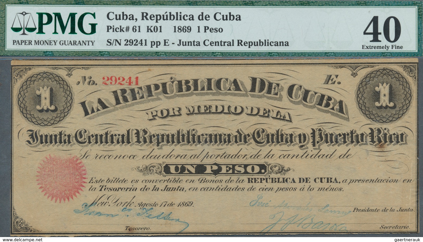 01330 Cuba: La Republica De Cuba 1 Peso 1869, P.61, Lightly Toned Paper With A Few Minor Spots, PMG Graded - Cuba