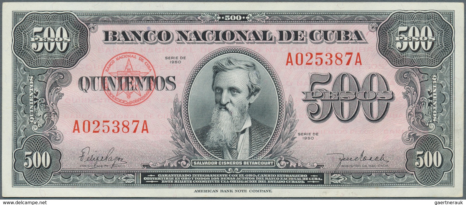 01331 Cuba: 500 Pesos 1950 P. 83, Light Center Bend And Light Handling In Paper, No Holes Or Tears, Crisp - Cuba