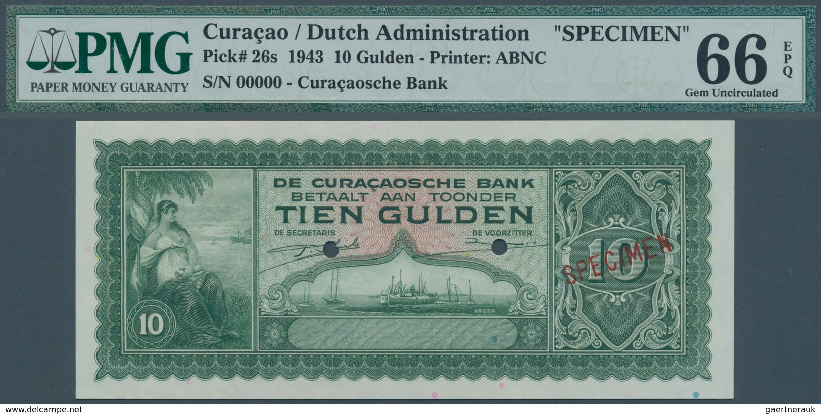 01332 Curacao: 10 Gulden 1943 SPECIMEN, P.26s In Perfect Condoition, PMG Graded 66 Gem Uncirculated EPQ - Other - America