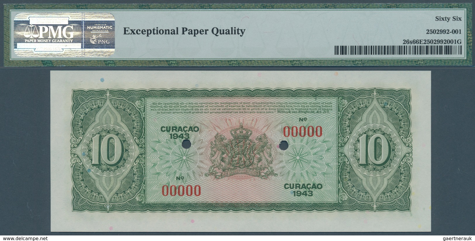 01332 Curacao: 10 Gulden 1943 SPECIMEN, P.26s In Perfect Condoition, PMG Graded 66 Gem Uncirculated EPQ - Andere - Amerika