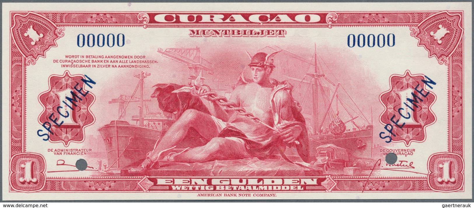 01333 Curacao: 1 Gulden 1947 SPECIMEN, P.35bs With Punch Hole Cancellation At Lower Margin, Specimen Overp - Otros – América