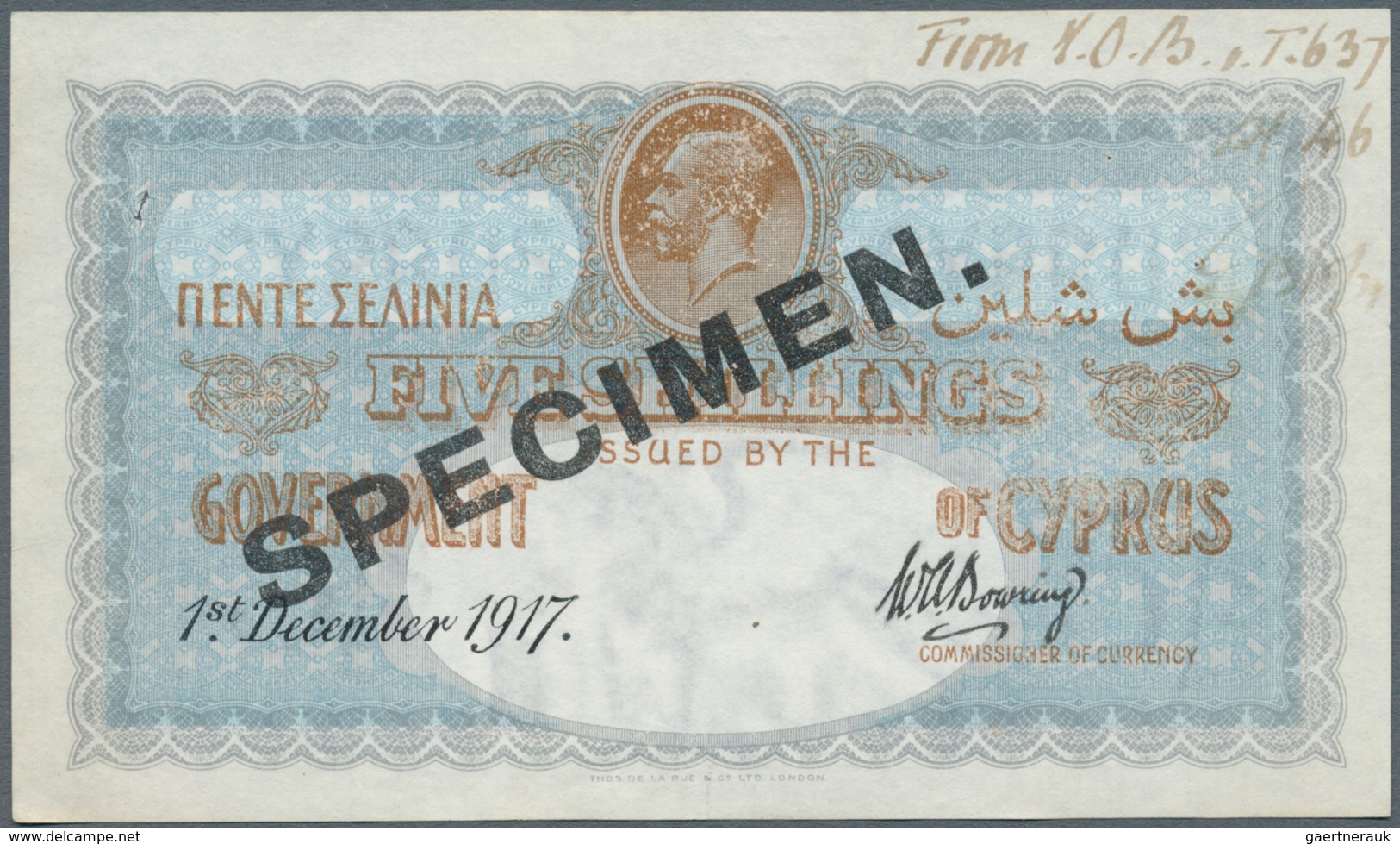 01337 Cyprus / Zypern: 5 Shillings 1917 Specimen, P.7s, Small Hole At Upper Left, Pinholes At Upper Right, - Cyprus