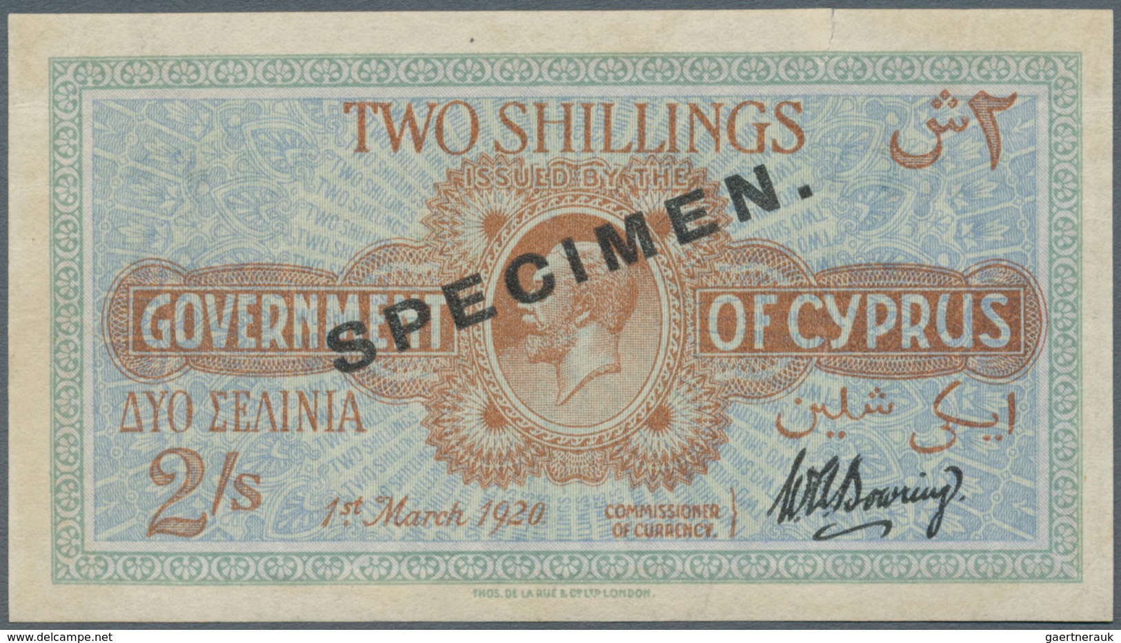 01338 Cyprus / Zypern: 2 Shillings 1920 Specimen, P.15s, Tiny Tear At Upper Margin, Soft Horizontal Fold A - Cipro