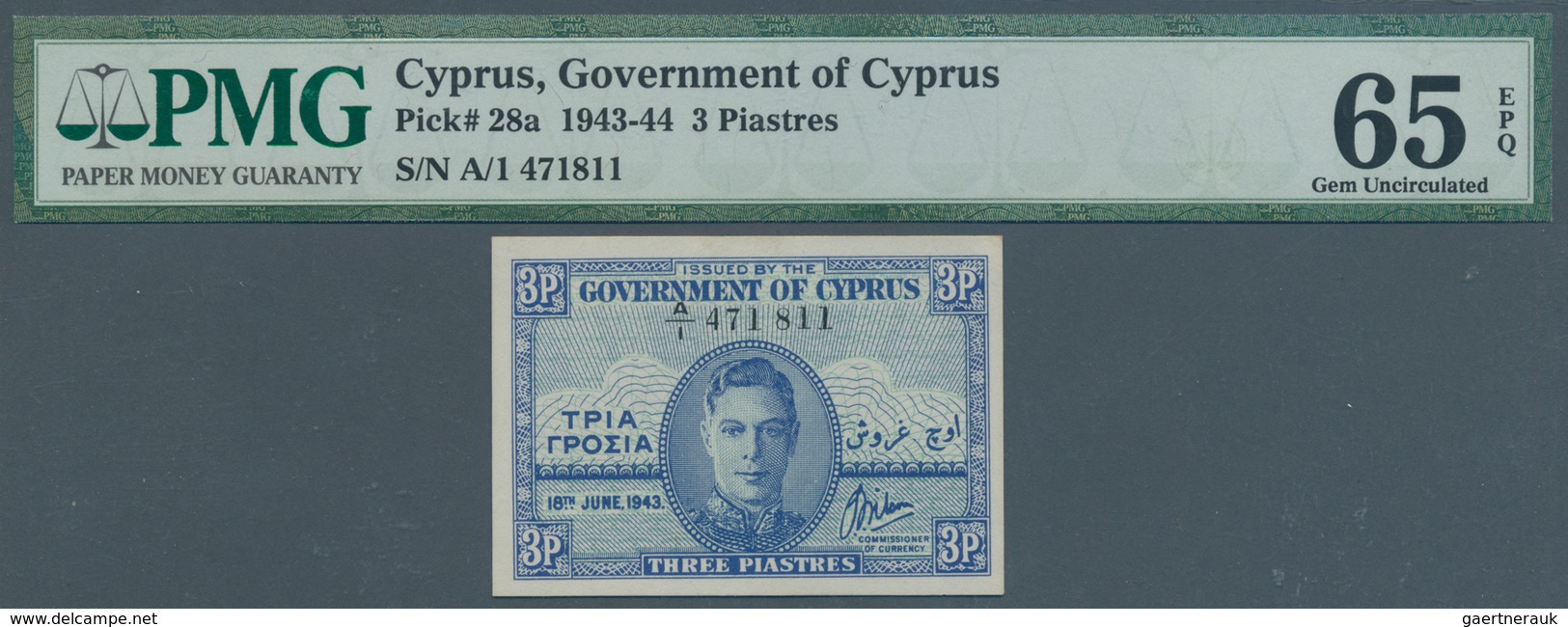 01341 Cyprus / Zypern: 3 Piastres 1943 P. 28a, Condition: PMG Graded 65 Gem UNC EPQ. - Chipre