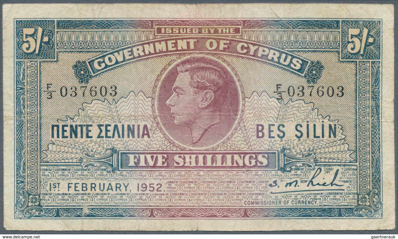01342 Cyprus / Zypern: 5 Shillings February 1st 1952, P.29, Lightly Toned Paper With Several Folds, Small - Cipro
