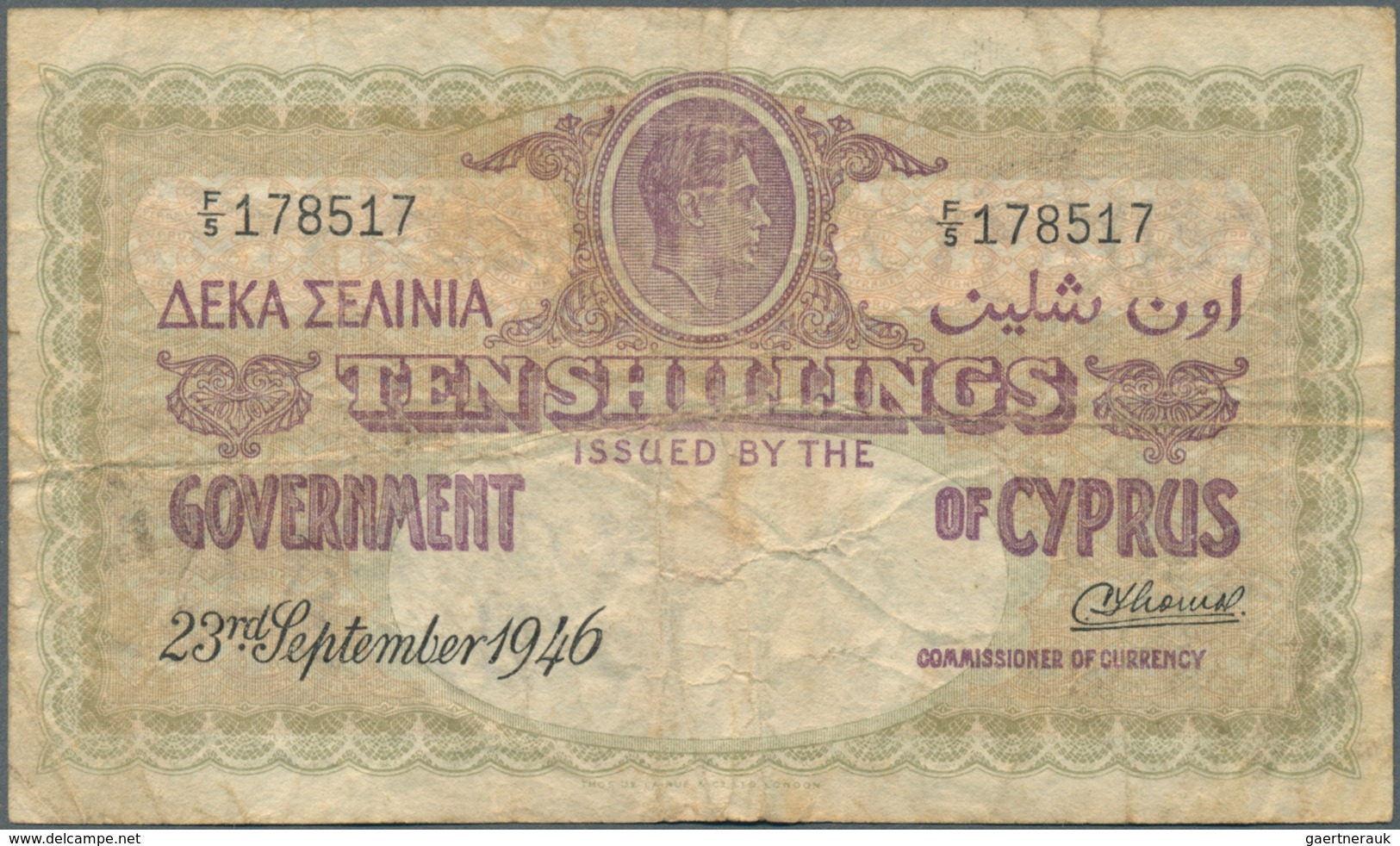 01343 Cyprus / Zypern: 10 Shillings 1946 P. 31 In Used Condition With Several Folds And Creases, No Holes, - Chipre