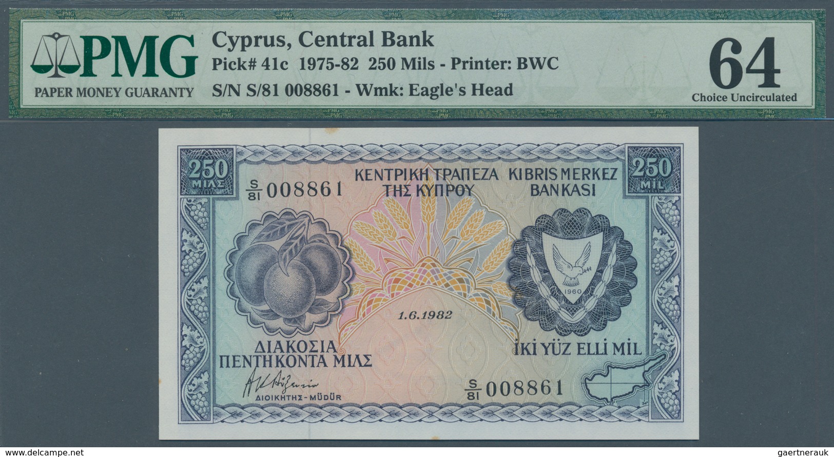 01345 Cyprus / Zypern: 250 Mils 1982 P. 41c In Condition: PMG Graded 64 Choice UNC. - Cyprus