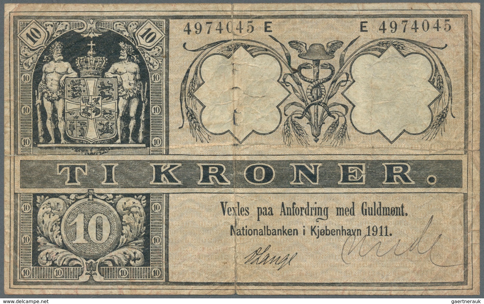 01351 Denmark  / Dänemark: 10 Kroner 1911 P. 7k, Used With Stronger Center Fold, Causing Several Small Hol - Dinamarca