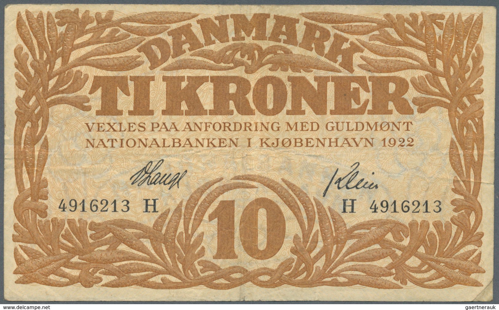 01352 Denmark  / Dänemark: 10 Kroner 1922 P. 21n, Rarer Early Date With Vertical And Horizontal Folds, No - Dinamarca