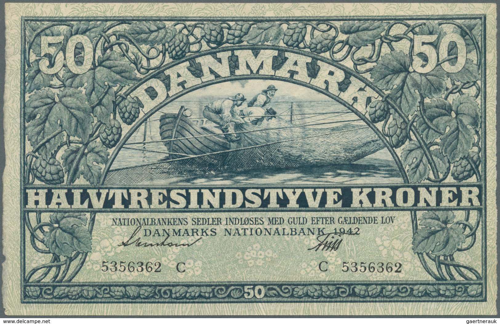 01353 Denmark  / Dänemark: 50 Kroner 1942 P. 32d With Only A Light Center Bend, Crisp Original Paper, Cond - Danimarca