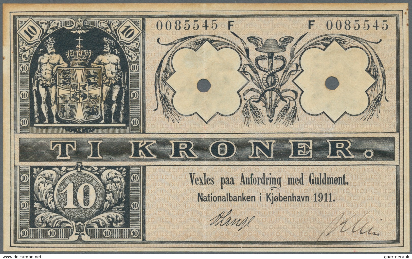 01358 Denmark  / Dänemark: 10 Kroner 1911 Makulatur / Specimen P. 72s, Rare Note With 2 Cancellation Holes - Denmark