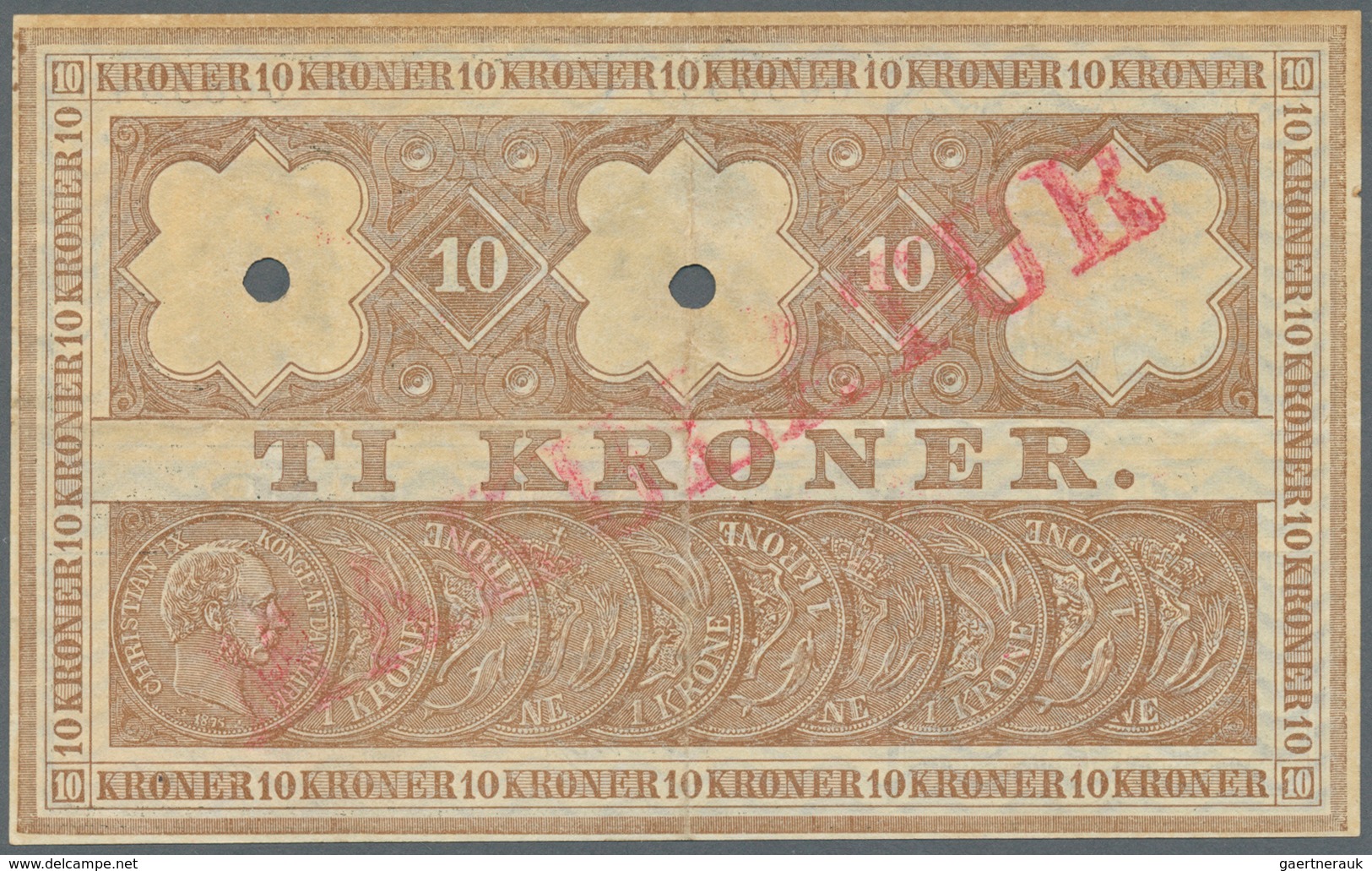 01358 Denmark  / Dänemark: 10 Kroner 1911 Makulatur / Specimen P. 72s, Rare Note With 2 Cancellation Holes - Denemarken